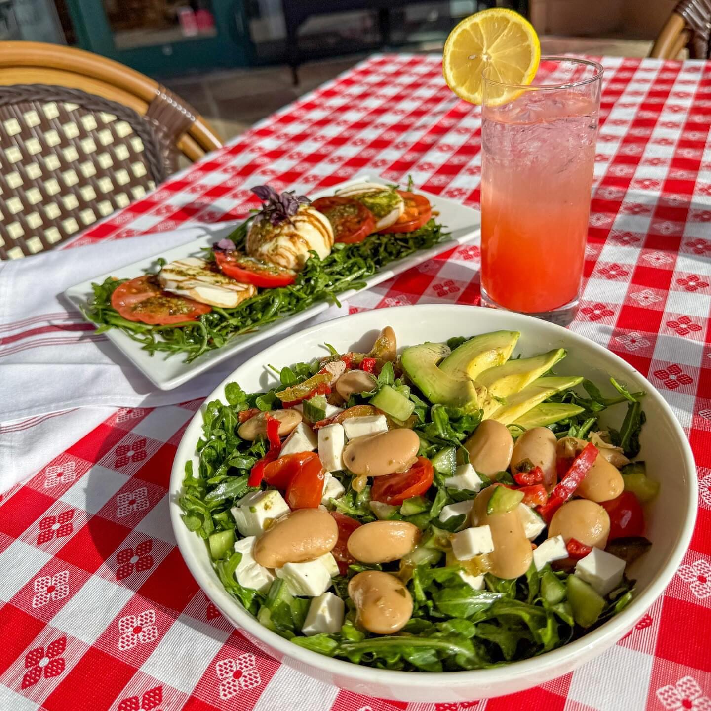 Butter bean salad and caprese on the patio